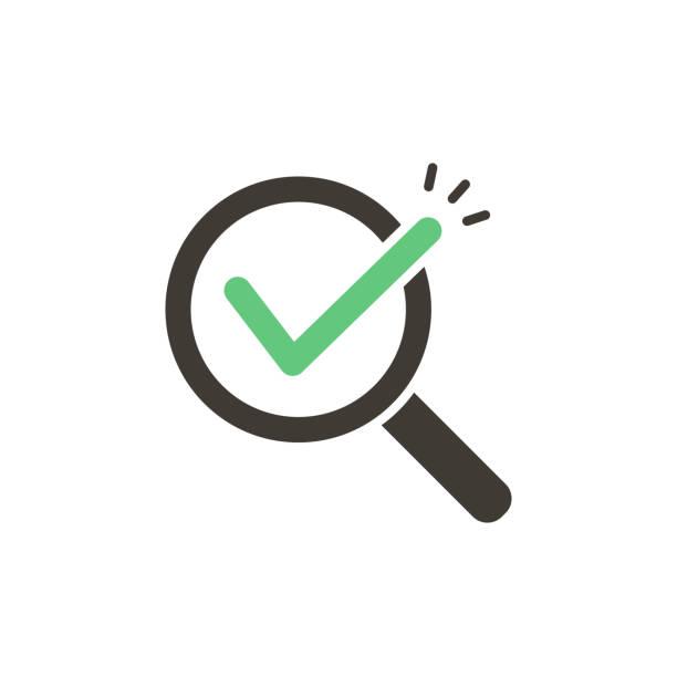 Magnifying glass with green check tick. Vector icon illustration design. For concepts of research, results found, success, examination, reviews, discovery vector eps10 business online name search stock illustrations