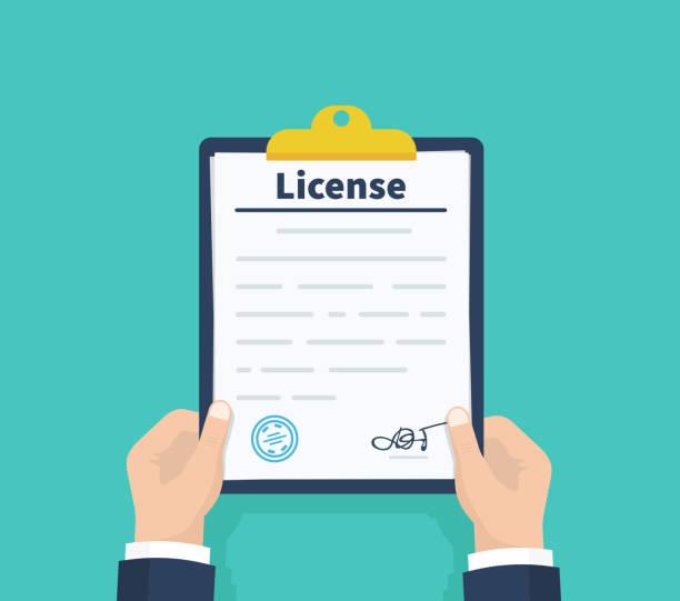Man hold License. Checklist. Holding the clipboard. Paperwork, sheets in folder. Vector illustration. Man hold License. Checklist. Holding the clipboard. Paperwork, sheets in folder. Vector illustration company licenses stock illustrations
